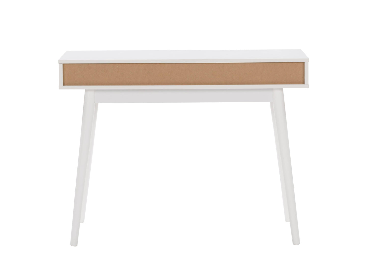 White and black mid-century modern desk with sleek lines, wooden legs, and minimalist design, featuring a smooth white top and black drawer for storage, perfect for home office or study.