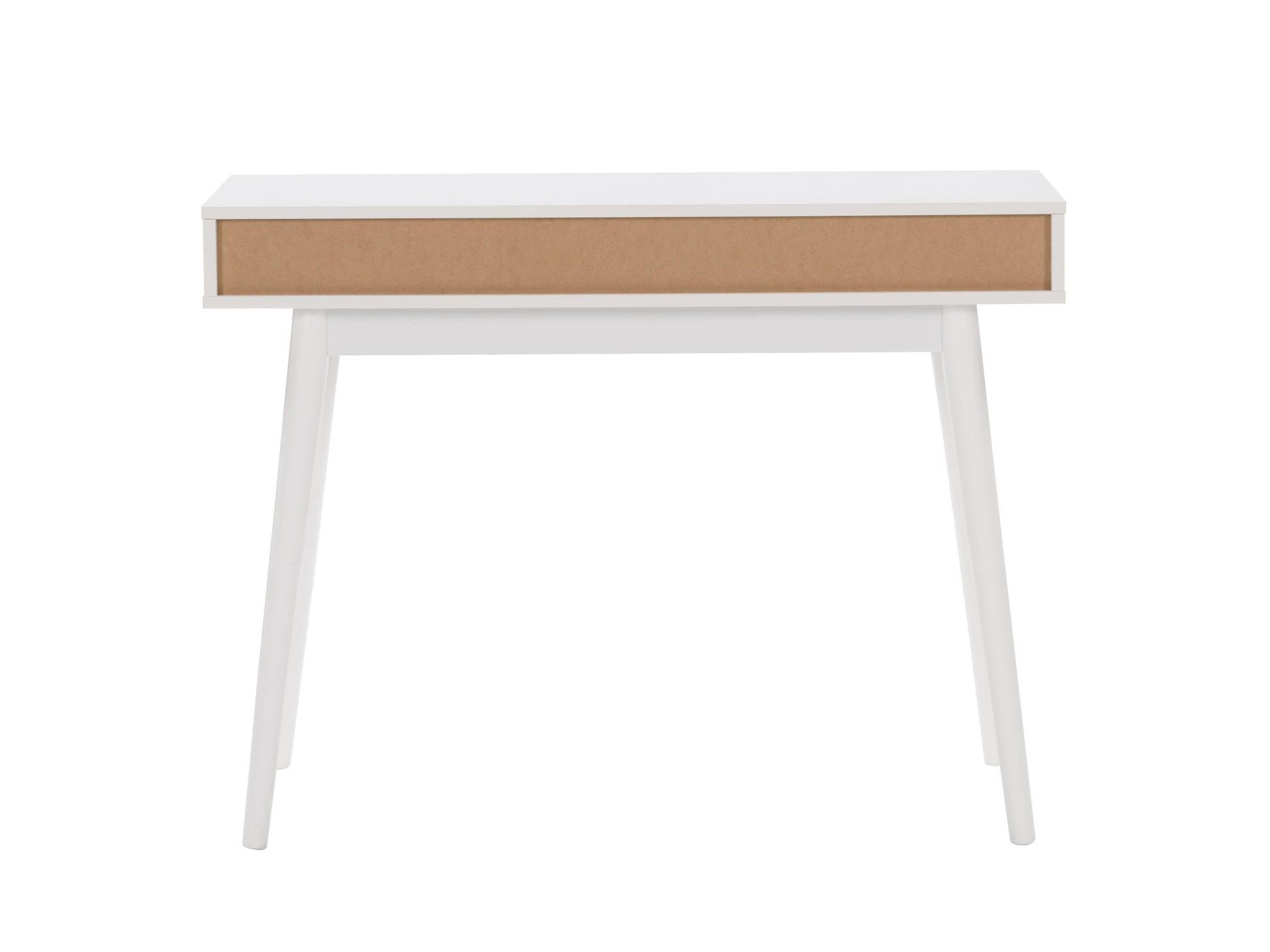 White and black mid-century modern desk with sleek lines, wooden legs, and minimalist design, featuring a smooth white top and black drawer for storage, perfect for home office or study.