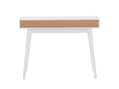 White and black mid-century modern desk with sleek lines, wooden legs, and minimalist design, featuring a smooth white top and black drawer for storage, perfect for home office or study.