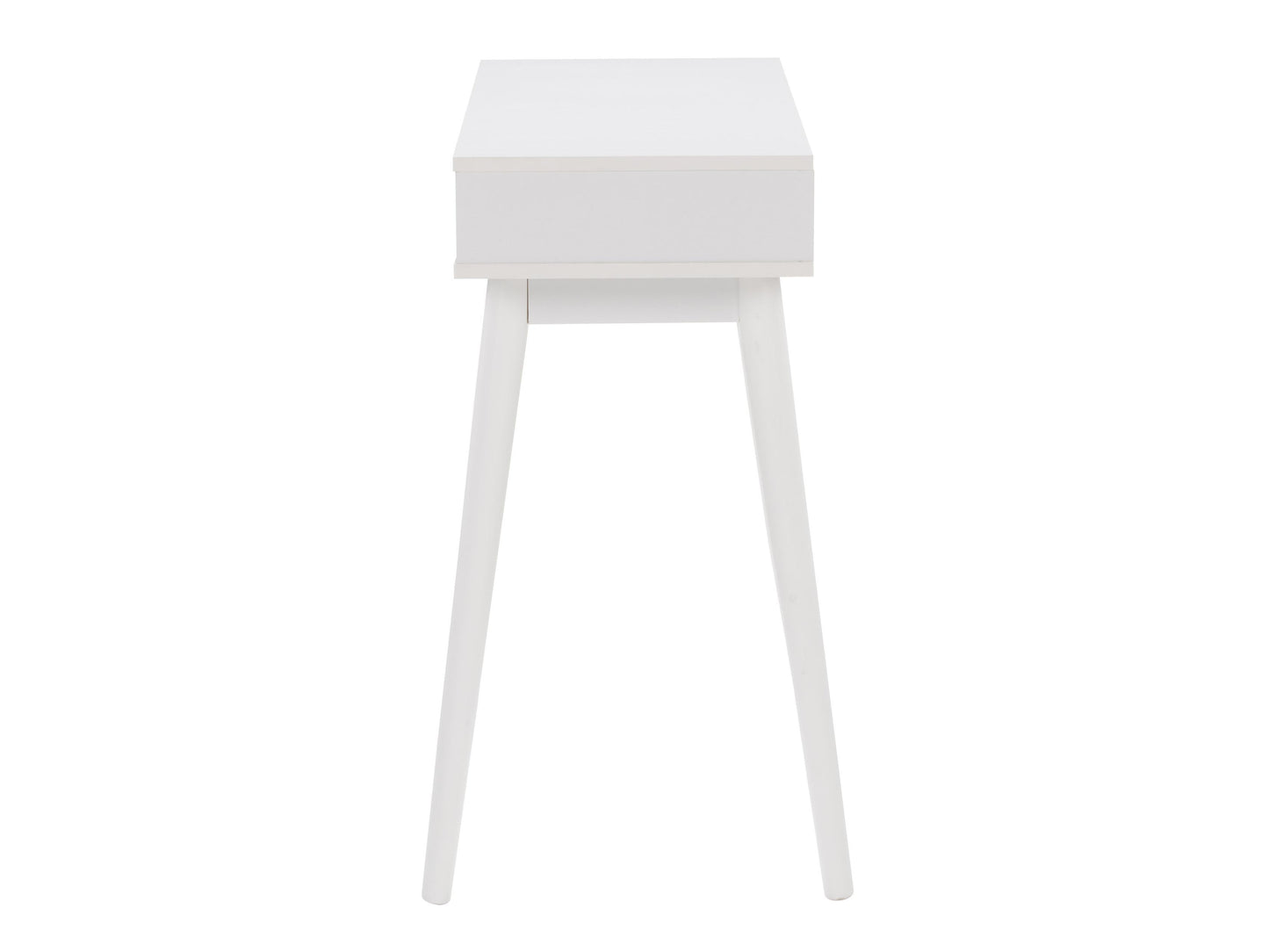 White and black mid-century modern desk with sleek lines, wooden legs, and minimalist design, featuring a smooth white top and black drawer for storage, perfect for home office or study.