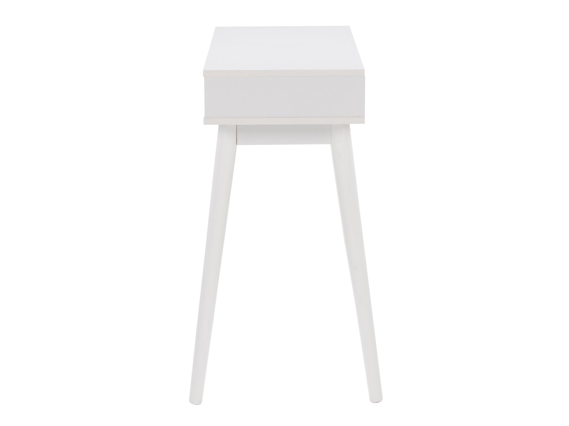 White and black mid-century modern desk with sleek lines, wooden legs, and minimalist design, featuring a smooth white top and black drawer for storage, perfect for home office or study.