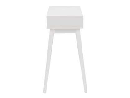 White and black mid-century modern desk with sleek lines, wooden legs, and minimalist design, featuring a smooth white top and black drawer for storage, perfect for home office or study.