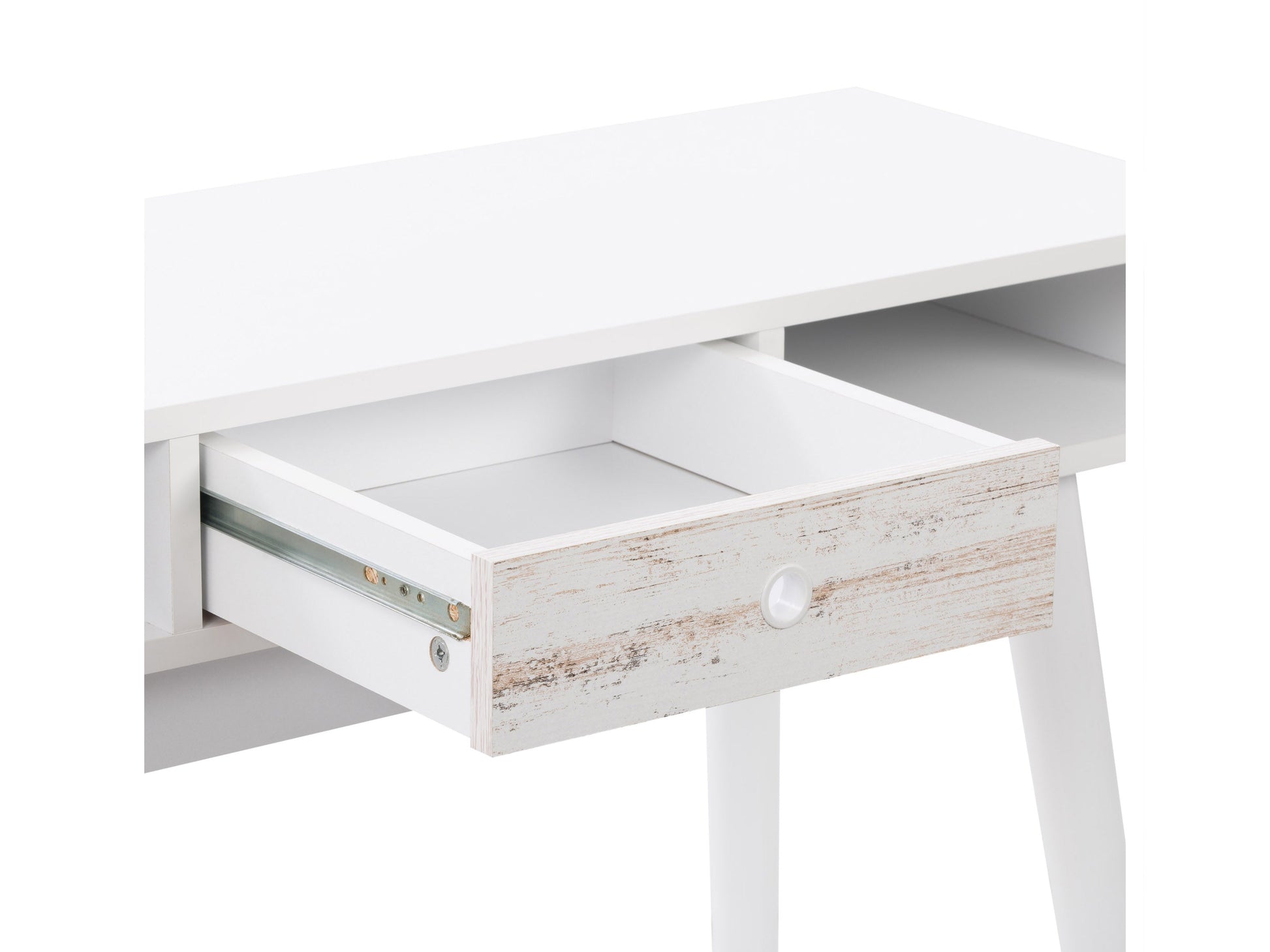Mid-century modern white desk with sleek wooden legs, minimalist design, smooth white surface, and built-in drawer for storage. Ideal for home office or study, blending style and functionality.