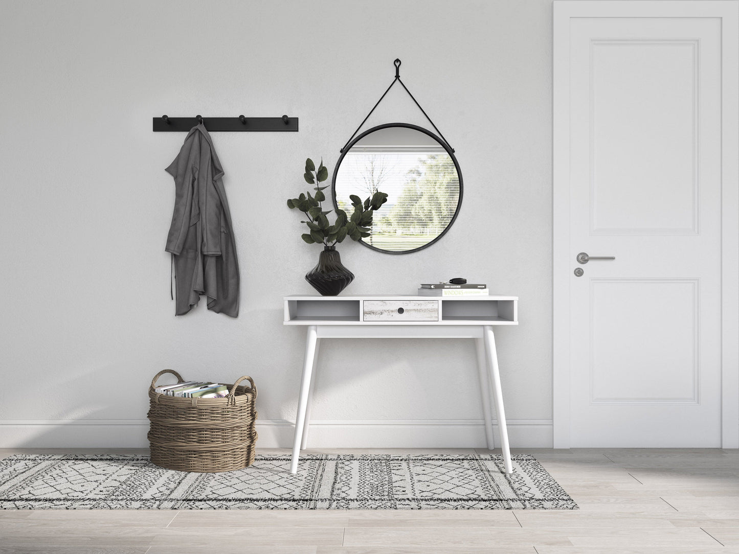 Mid-century modern white desk with sleek wooden legs, minimalist design, smooth white surface, and built-in drawer for storage. Ideal for home office or study, blending style and functionality.