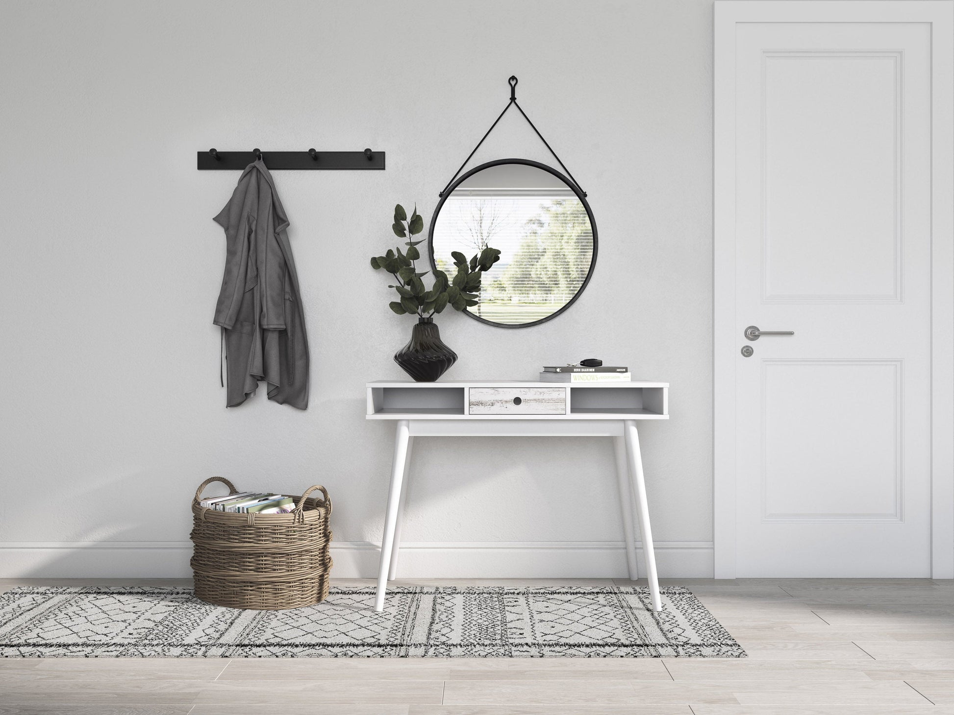 Mid-century modern white desk with sleek wooden legs, minimalist design, smooth white surface, and built-in drawer for storage. Ideal for home office or study, blending style and functionality.