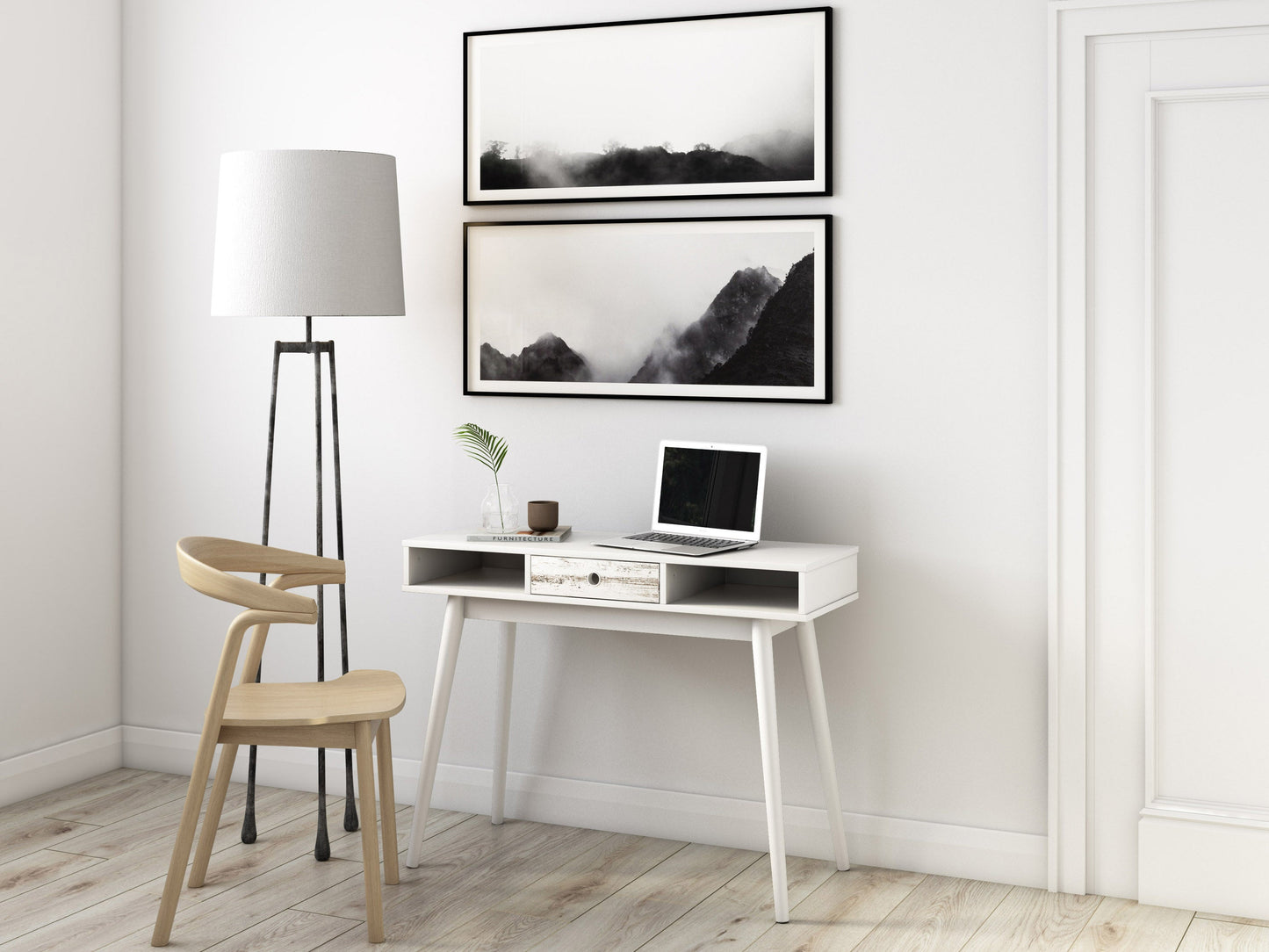 Mid-century modern white desk with sleek wooden legs, minimalist design, smooth white surface, and built-in drawer for storage. Ideal for home office or study, blending style and functionality.