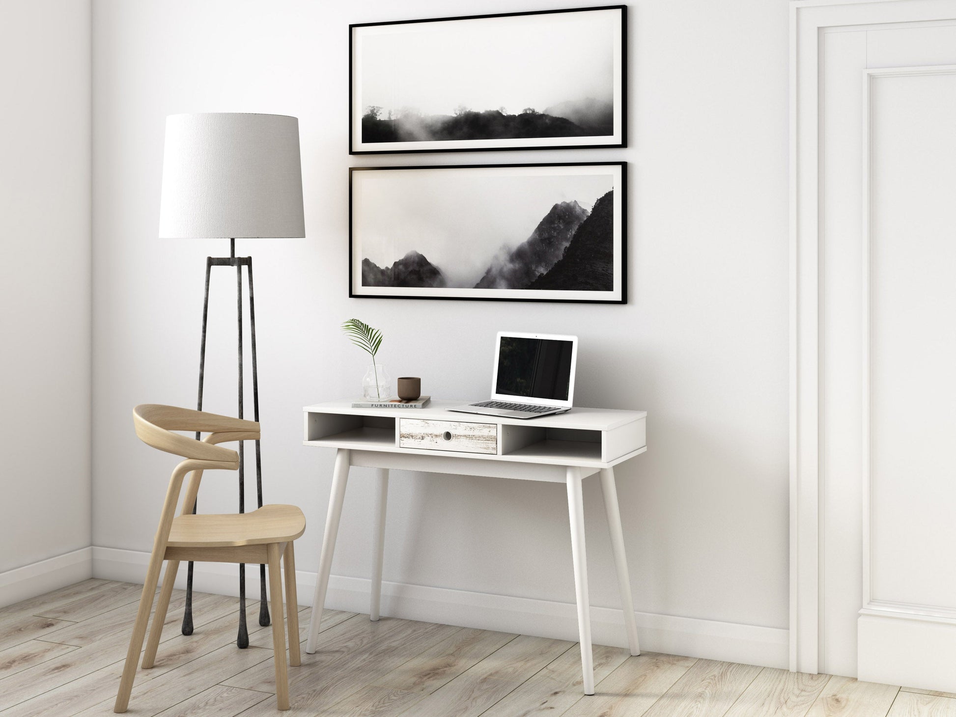 Mid-century modern white desk with sleek wooden legs, minimalist design, smooth white surface, and built-in drawer for storage. Ideal for home office or study, blending style and functionality.