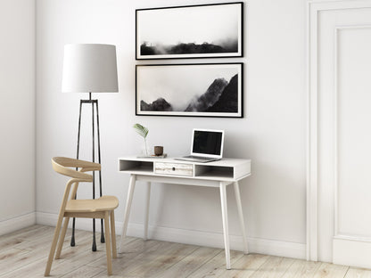 Mid-century modern white desk with sleek wooden legs, minimalist design, smooth white surface, and built-in drawer for storage. Ideal for home office or study, blending style and functionality.