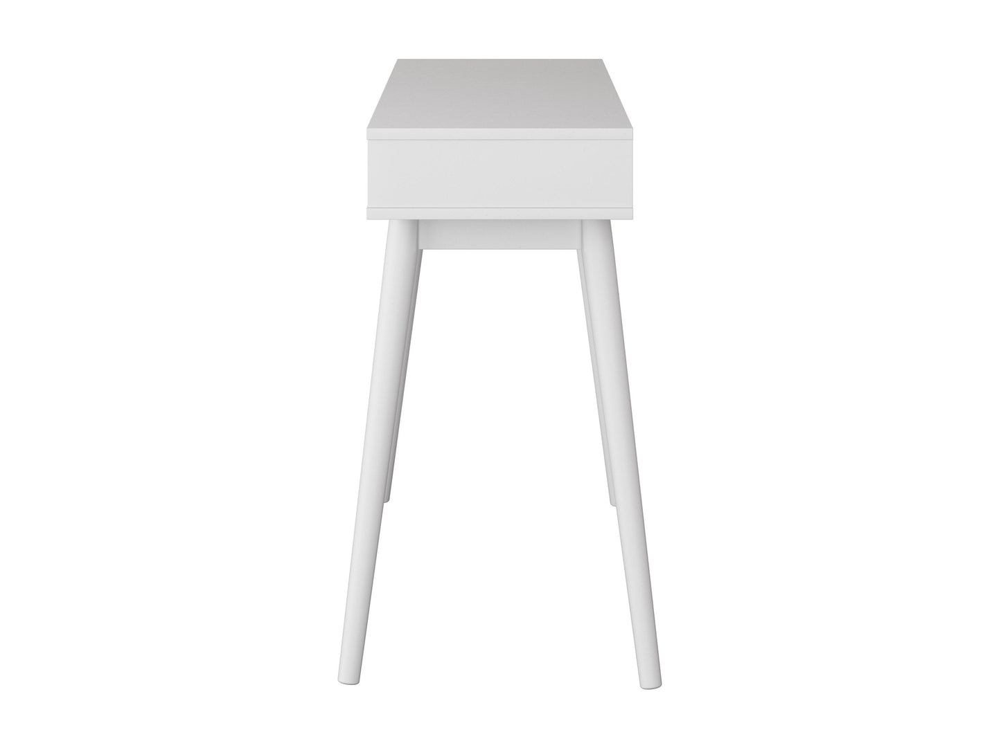 Mid-century modern white desk with sleek wooden legs, minimalist design, smooth white surface, and built-in drawer for storage. Ideal for home office or study, blending style and functionality.