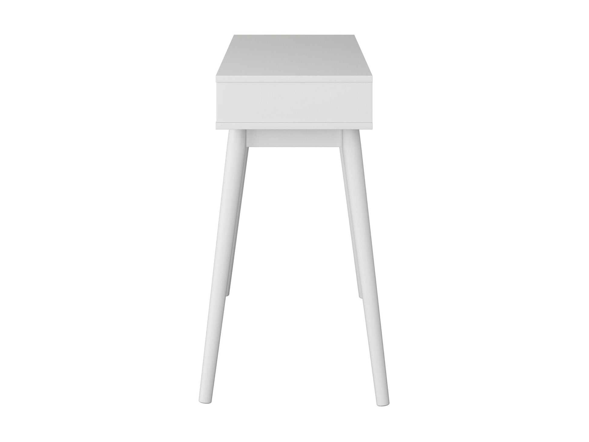 Mid-century modern white desk with sleek wooden legs, minimalist design, smooth white surface, and built-in drawer for storage. Ideal for home office or study, blending style and functionality.