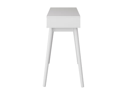 Mid-century modern white desk with sleek wooden legs, minimalist design, smooth white surface, and built-in drawer for storage. Ideal for home office or study, blending style and functionality.