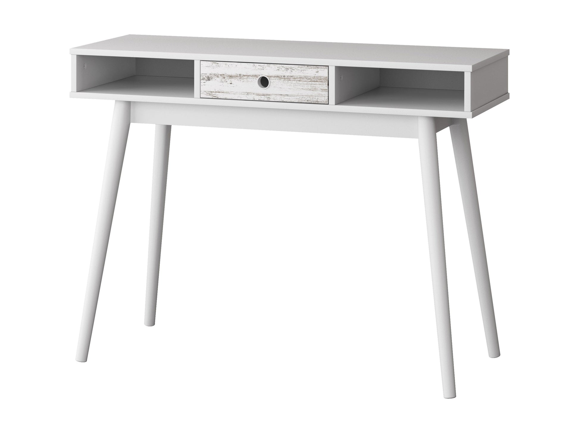Mid-century modern white desk with sleek wooden legs, minimalist design, smooth white surface, and built-in drawer for storage. Ideal for home office or study, blending style and functionality.