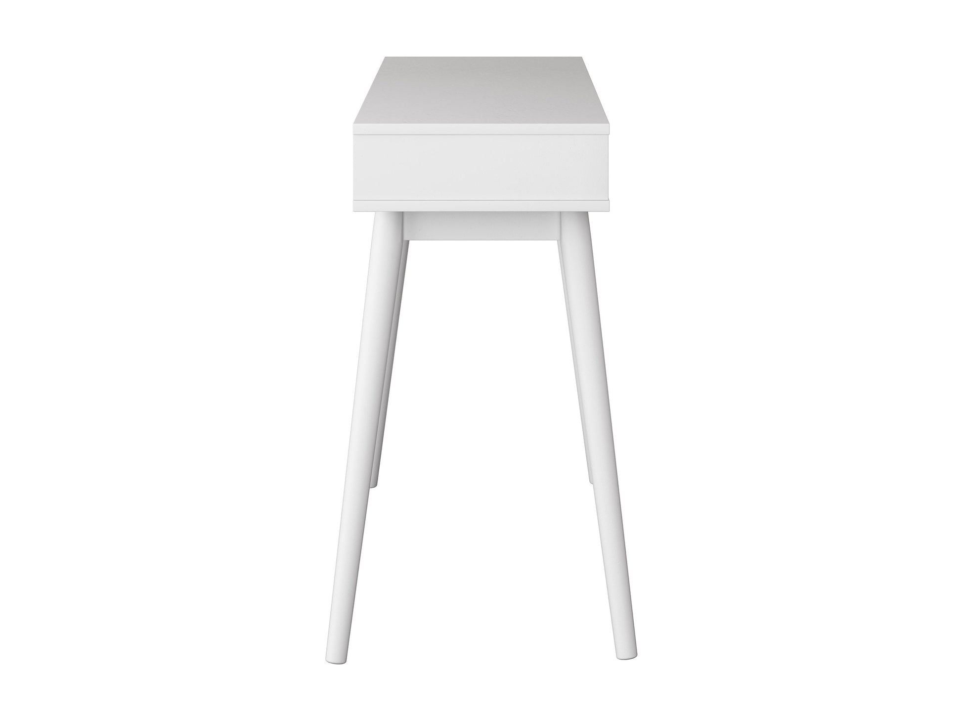 Mid-century modern white desk with sleek wooden legs, minimalist design, smooth white surface, and built-in drawer for storage. Ideal for home office or study, blending style and functionality.