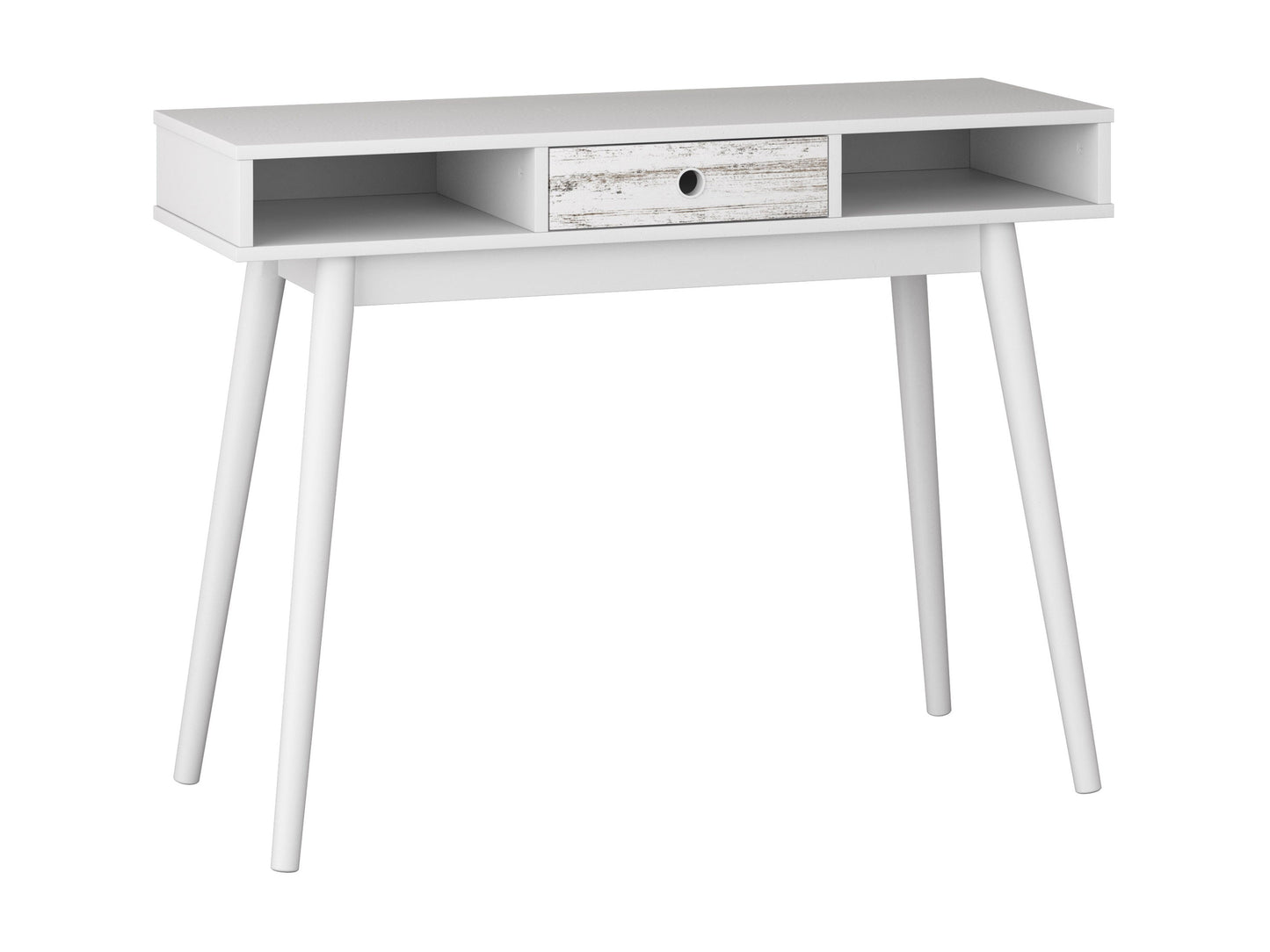 Mid-century modern white desk with sleek wooden legs, minimalist design, smooth white surface, and built-in drawer for storage. Ideal for home office or study, blending style and functionality.