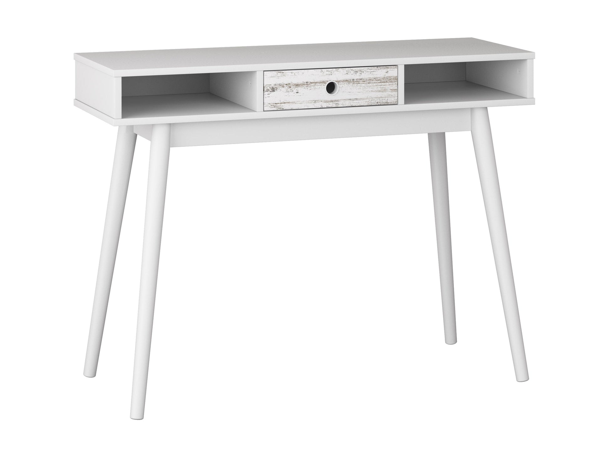 Mid-century modern white desk with sleek wooden legs, minimalist design, smooth white surface, and built-in drawer for storage. Ideal for home office or study, blending style and functionality.