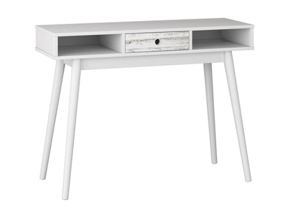Mid-century modern white desk with sleek wooden legs, minimalist design, smooth white surface, and built-in drawer for storage. Ideal for home office or study, blending style and functionality.