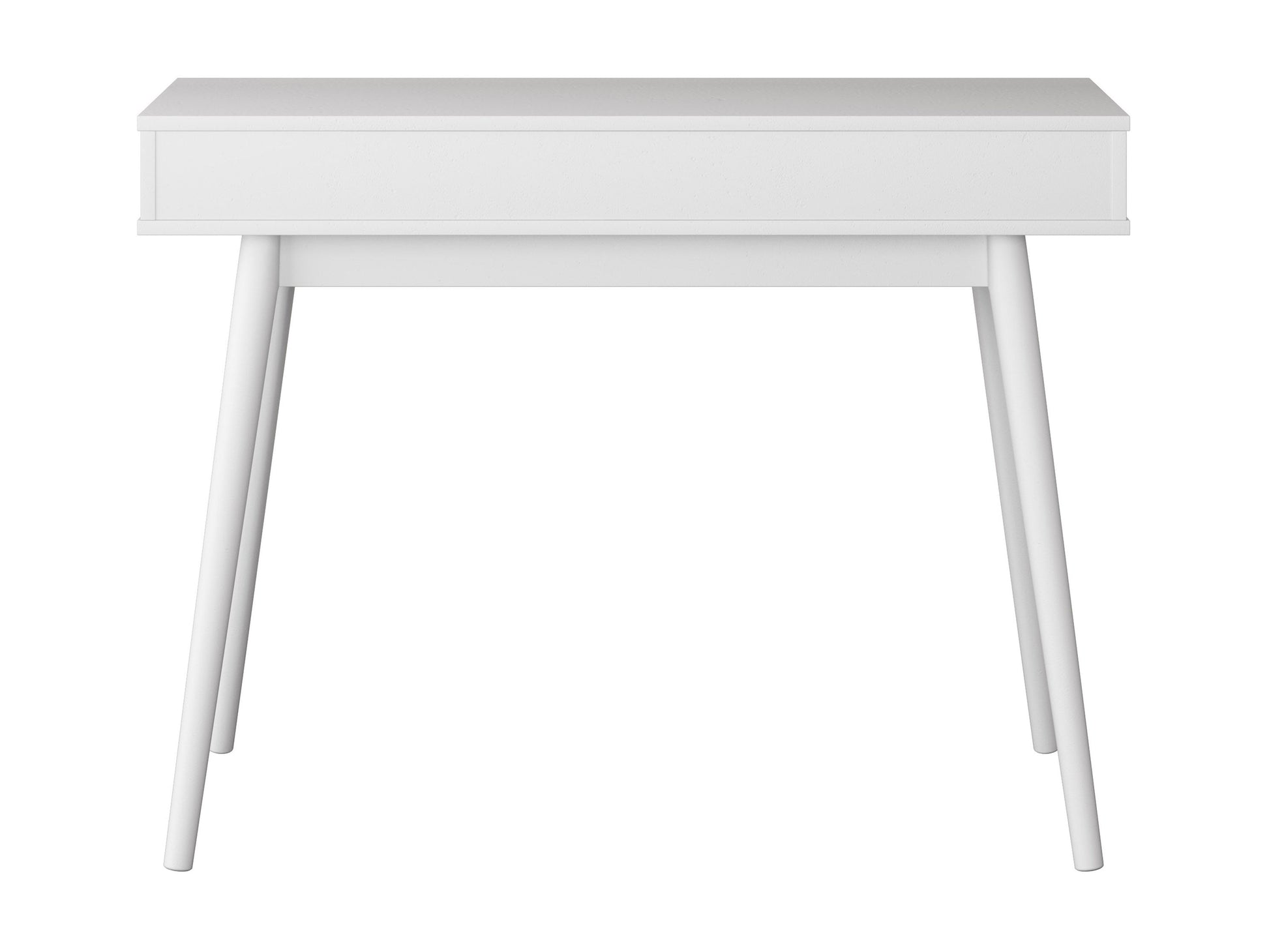 Mid-century modern white desk with sleek wooden legs, minimalist design, smooth white surface, and built-in drawer for storage. Ideal for home office or study, blending style and functionality.