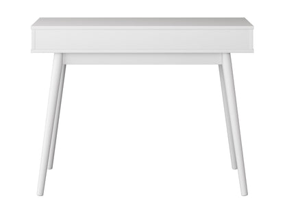 Mid-century modern white desk with sleek wooden legs, minimalist design, smooth white surface, and built-in drawer for storage. Ideal for home office or study, blending style and functionality.