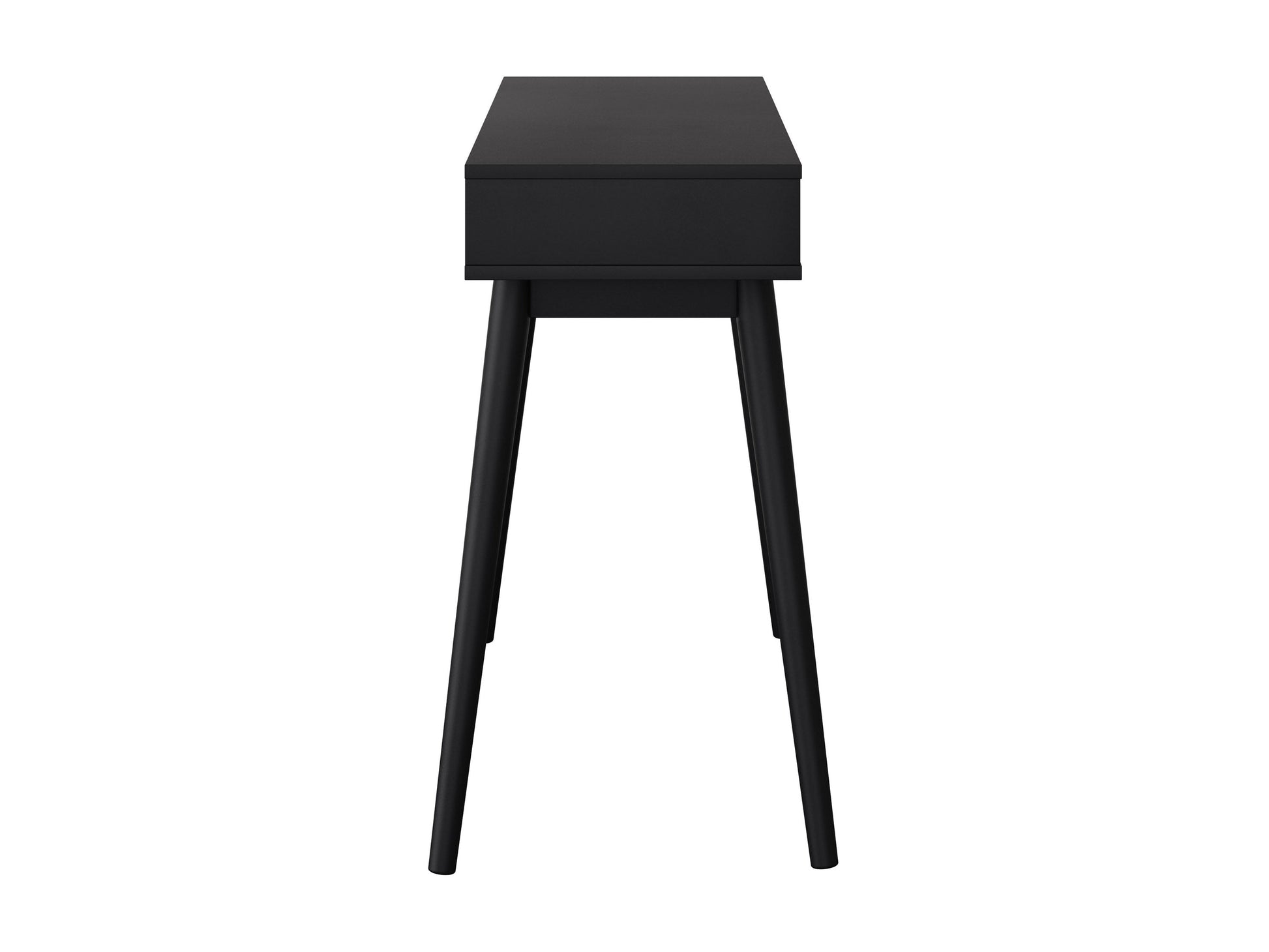 Mid-century black desk with sleek lines, wooden legs, and a smooth matte finish. Features two spacious drawers with minimalist handles, ideal for modern home offices or study spaces.