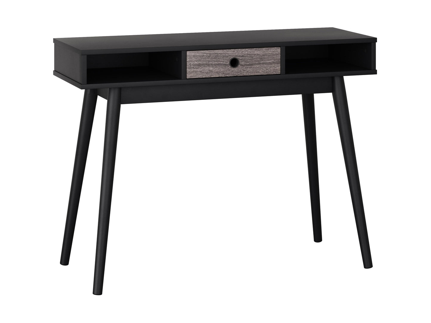Mid-century black desk with sleek lines, wooden legs, and a smooth matte finish. Features two spacious drawers with minimalist handles, ideal for modern home offices or study spaces.