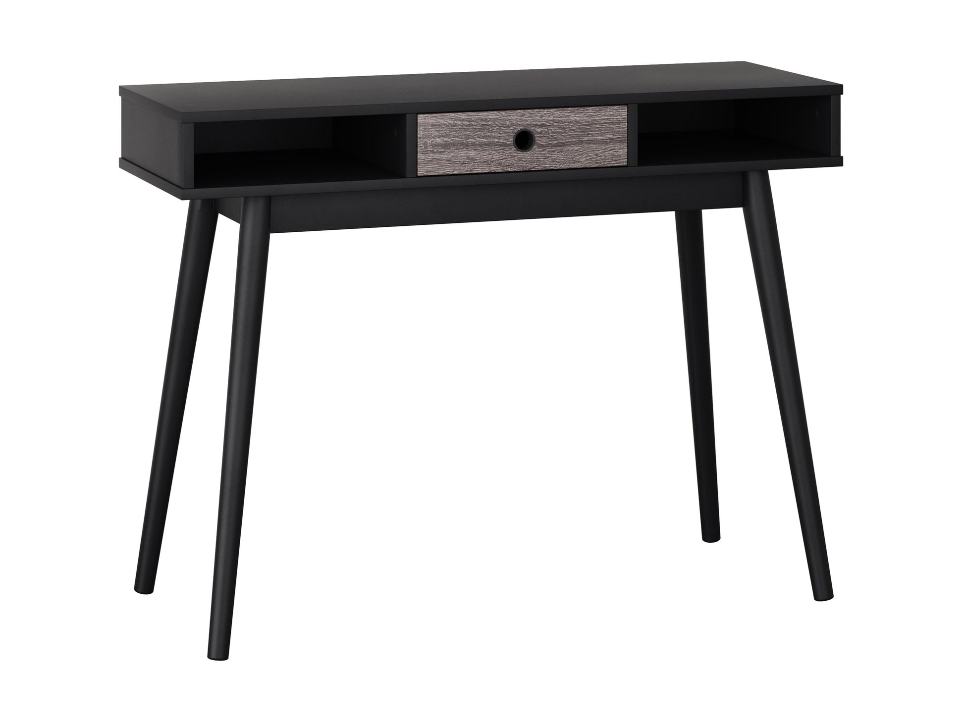 Mid-century black desk with sleek lines, wooden legs, and a smooth matte finish. Features two spacious drawers with minimalist handles, ideal for modern home offices or study spaces.