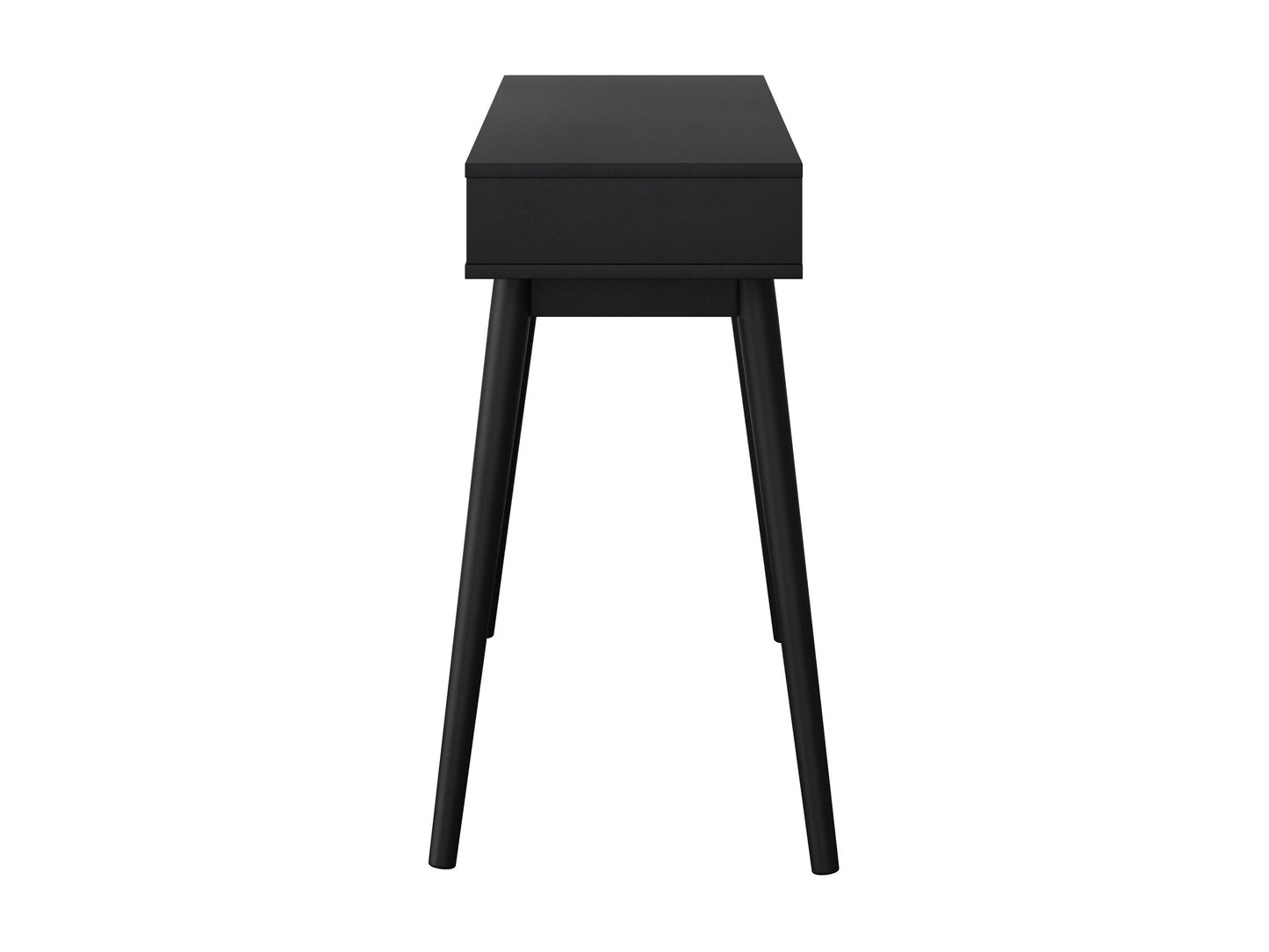 Mid-century black desk with sleek lines, wooden legs, and a smooth matte finish. Features two spacious drawers with minimalist handles, ideal for modern home offices or study spaces.