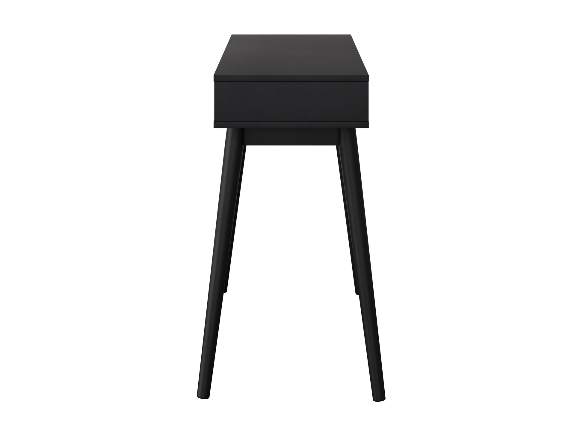 Mid-century black desk with sleek lines, wooden legs, and a smooth matte finish. Features two spacious drawers with minimalist handles, ideal for modern home offices or study spaces.