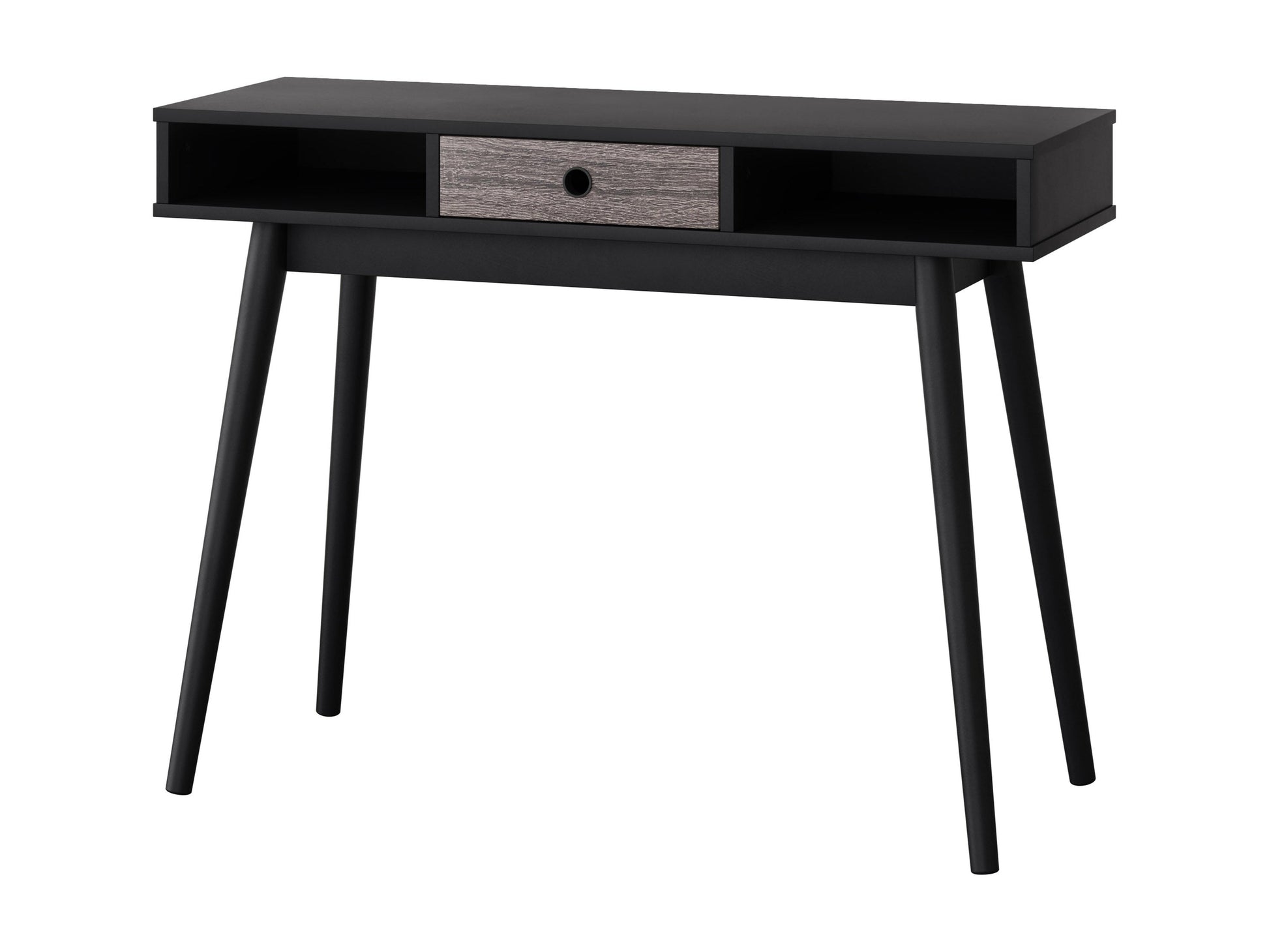 Mid-century black desk with sleek lines, wooden legs, and a smooth matte finish. Features two spacious drawers with minimalist handles, ideal for modern home offices or study spaces.