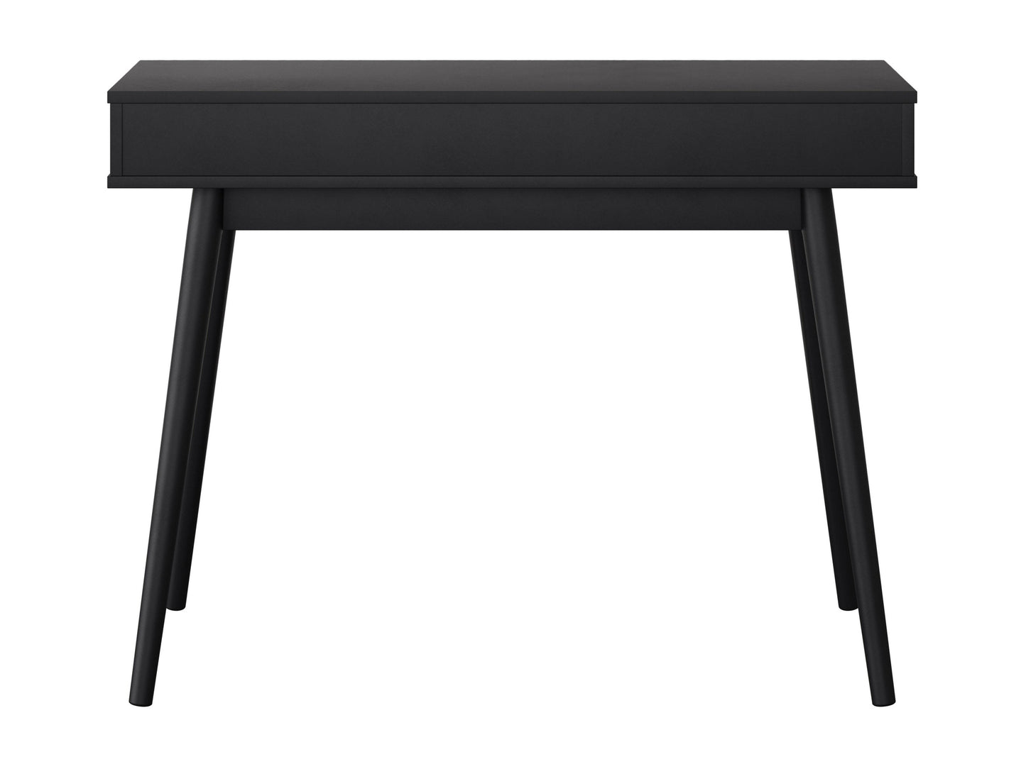 Mid-century black desk with sleek lines, wooden legs, and a smooth matte finish. Features two spacious drawers with minimalist handles, ideal for modern home offices or study spaces.