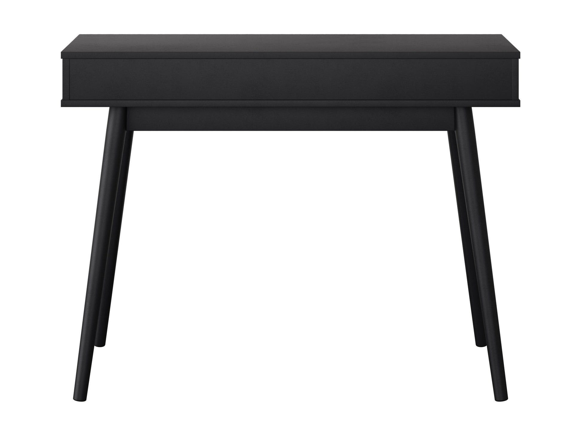 Mid-century black desk with sleek lines, wooden legs, and a smooth matte finish. Features two spacious drawers with minimalist handles, ideal for modern home offices or study spaces.