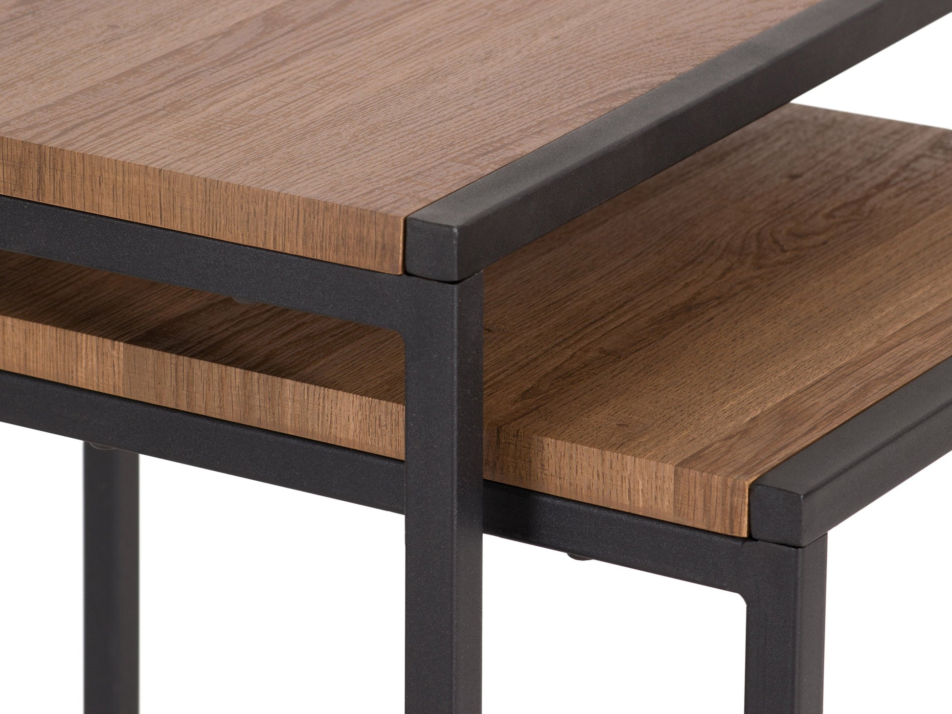 Brown wood square nesting side tables with sleek design, natural wood grain finish, and sturdy metal legs, perfect for modern living rooms or bedrooms.