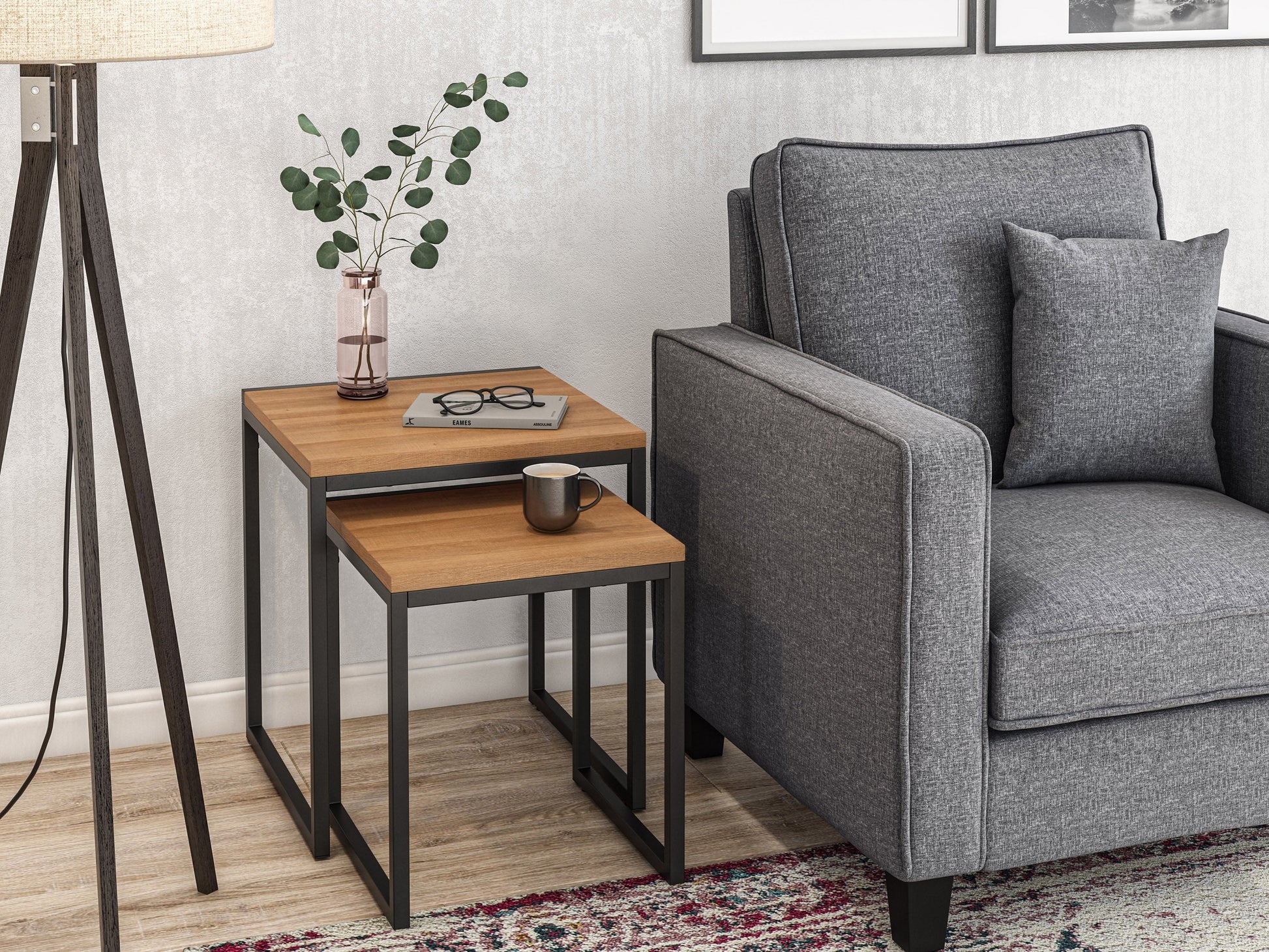 Brown wood square nesting side tables with sleek design, natural wood grain finish, and sturdy metal legs, perfect for modern living rooms or bedrooms.
