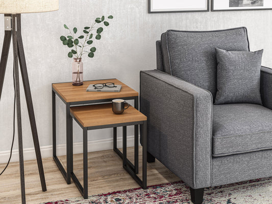 Brown wood square nesting side tables with sleek design, natural wood grain finish, and sturdy metal legs, perfect for modern living rooms or bedrooms.