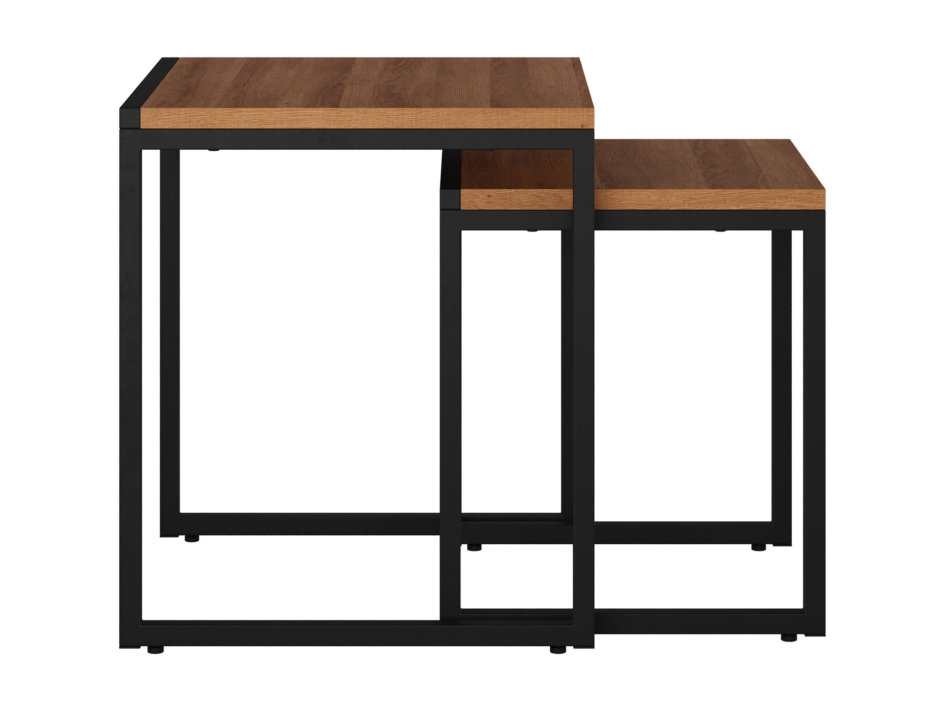 Brown wood square nesting side tables with sleek design, natural wood grain finish, and sturdy metal legs, perfect for modern living rooms or bedrooms.