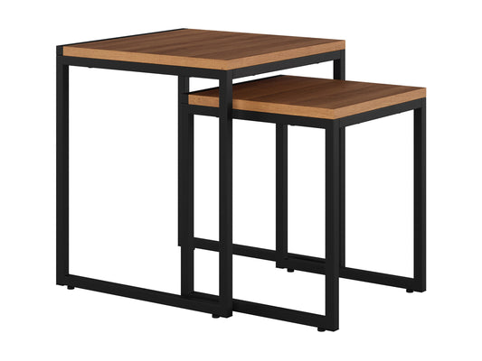 Brown wood square nesting side tables with sleek design, natural wood grain finish, and sturdy metal legs, perfect for modern living rooms or bedrooms.