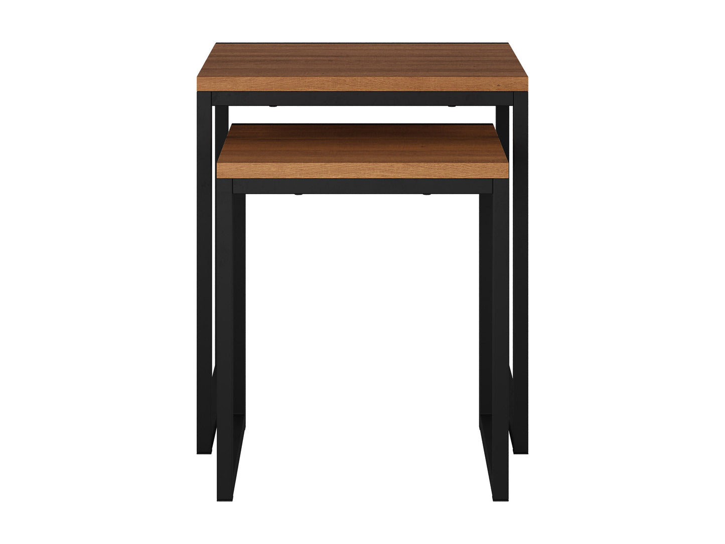 Brown wood square nesting side tables with sleek design, natural wood grain finish, and sturdy metal legs, perfect for modern living rooms or bedrooms.