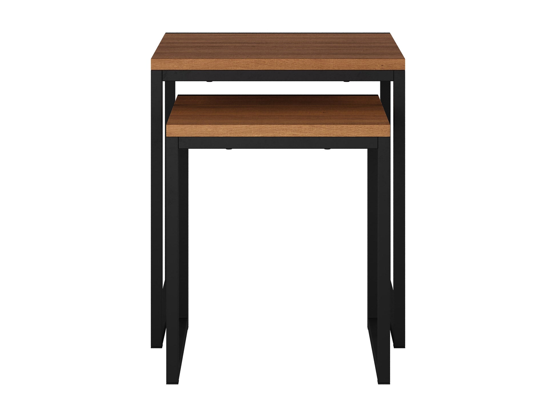 Brown wood square nesting side tables with sleek design, natural wood grain finish, and sturdy metal legs, perfect for modern living rooms or bedrooms.