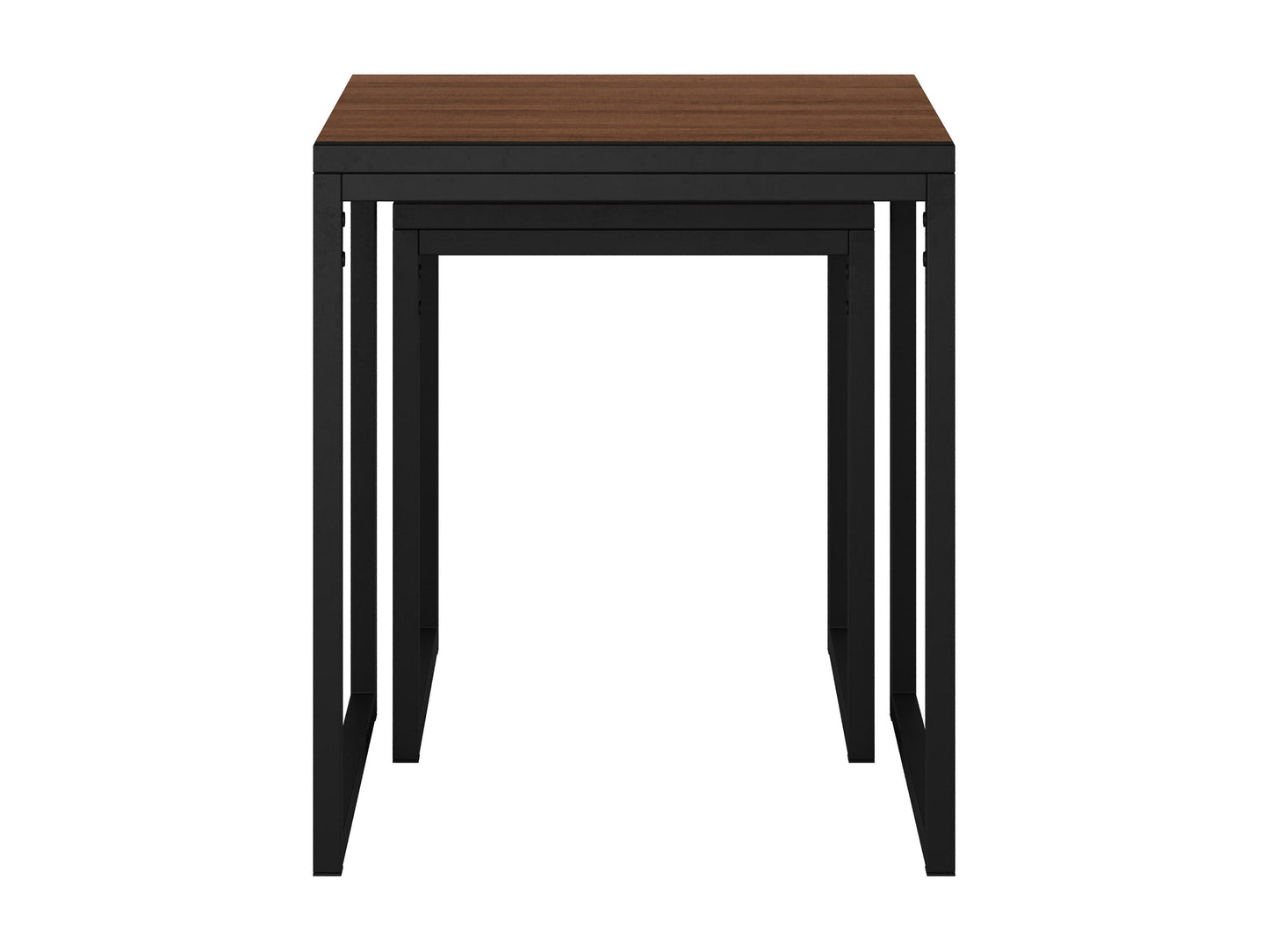 Brown wood square nesting side tables with sleek design, natural wood grain finish, and sturdy metal legs, perfect for modern living rooms or bedrooms.