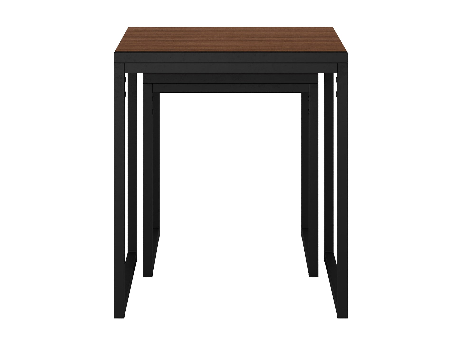 Brown wood square nesting side tables with sleek design, natural wood grain finish, and sturdy metal legs, perfect for modern living rooms or bedrooms.