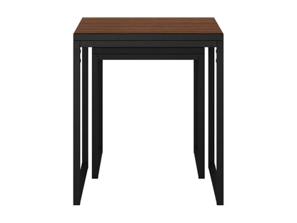 Brown wood square nesting side tables with sleek design, natural wood grain finish, and sturdy metal legs, perfect for modern living rooms or bedrooms.