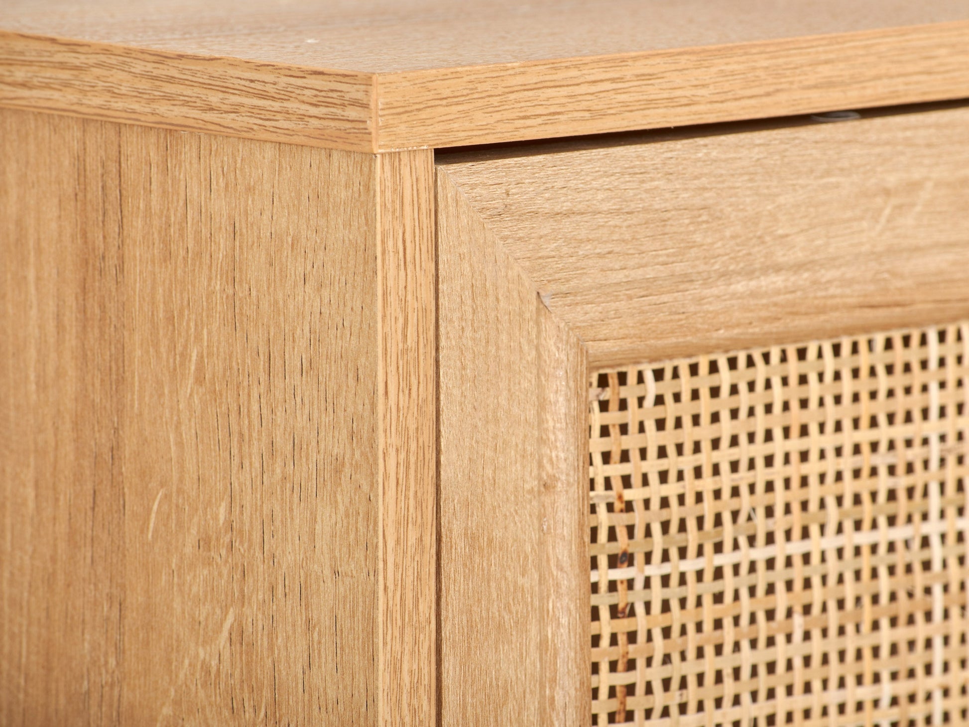 Light brown wood sideboard buffet with sleek design, featuring two cabinet doors and three drawers, metal handles, and a smooth finish. Ideal for modern dining rooms or living spaces.