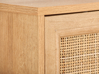Light brown wood sideboard buffet with sleek design, featuring two cabinet doors and three drawers, metal handles, and a smooth finish. Ideal for modern dining rooms or living spaces.