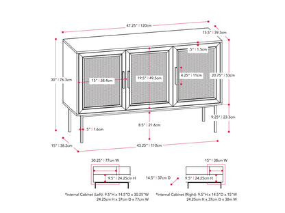 Light brown wood sideboard buffet with sleek design, featuring two cabinet doors and three drawers, metal handles, and a smooth finish. Ideal for modern dining rooms or living spaces.