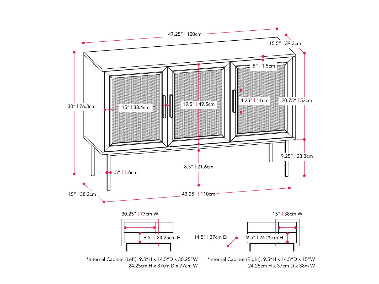Black wood sideboard buffet with sleek handles, two doors, and three drawers. Features smooth finish, modern design, and ample storage space. Ideal for dining rooms or living spaces.