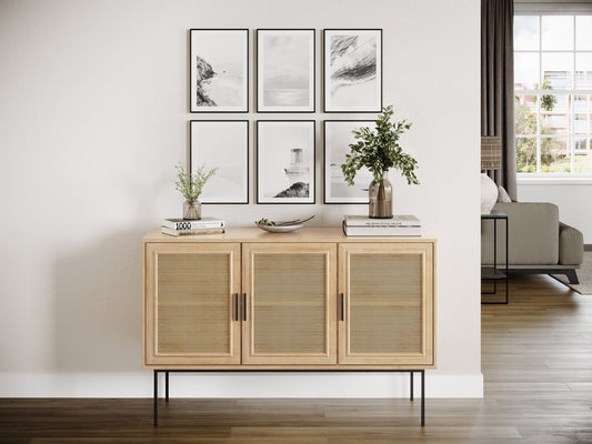 Light brown wood sideboard buffet with sleek design, featuring two cabinet doors and three drawers, metal handles, and a smooth finish. Ideal for modern dining rooms or living spaces.