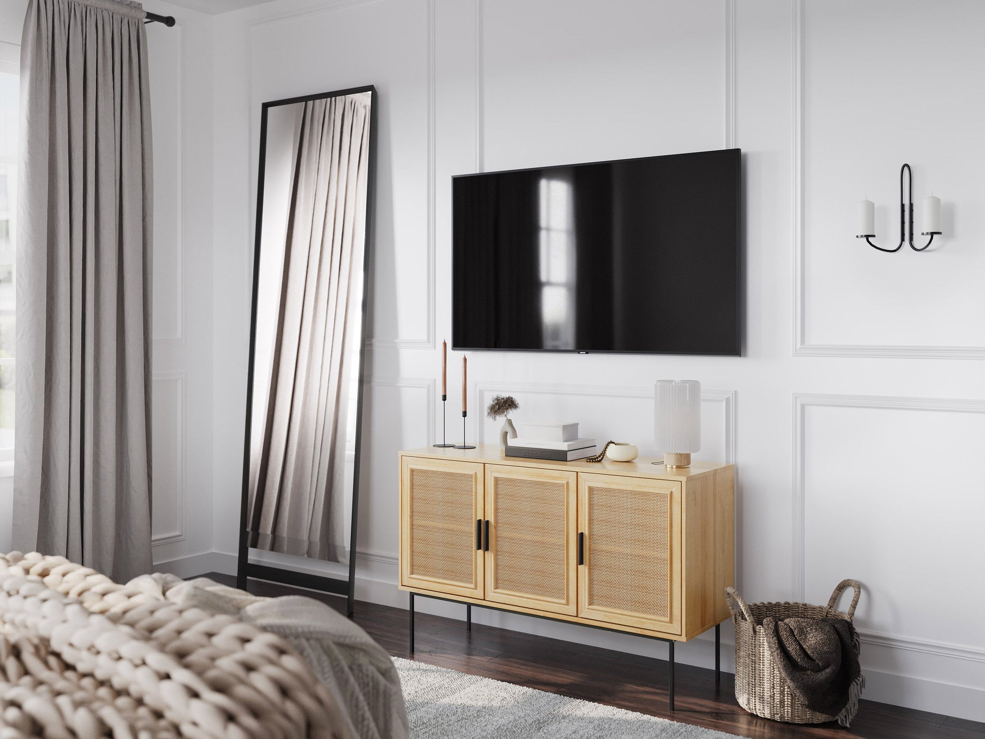 Light brown wood sideboard buffet with sleek design, featuring two cabinet doors and three drawers, metal handles, and a smooth finish. Ideal for modern dining rooms or living spaces.