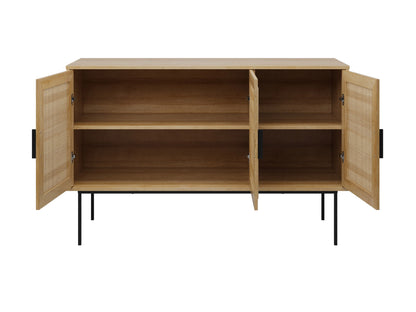 Light brown wood sideboard buffet with sleek design, featuring two cabinet doors and three drawers, metal handles, and a smooth finish. Ideal for modern dining rooms or living spaces.