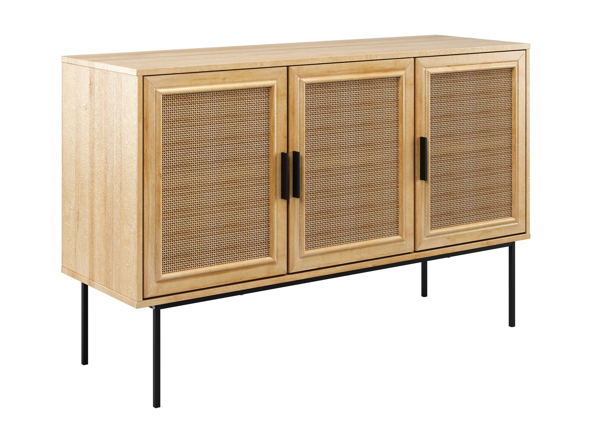 Light brown wood sideboard buffet with sleek design, featuring two cabinet doors and three drawers, metal handles, and a smooth finish. Ideal for modern dining rooms or living spaces.