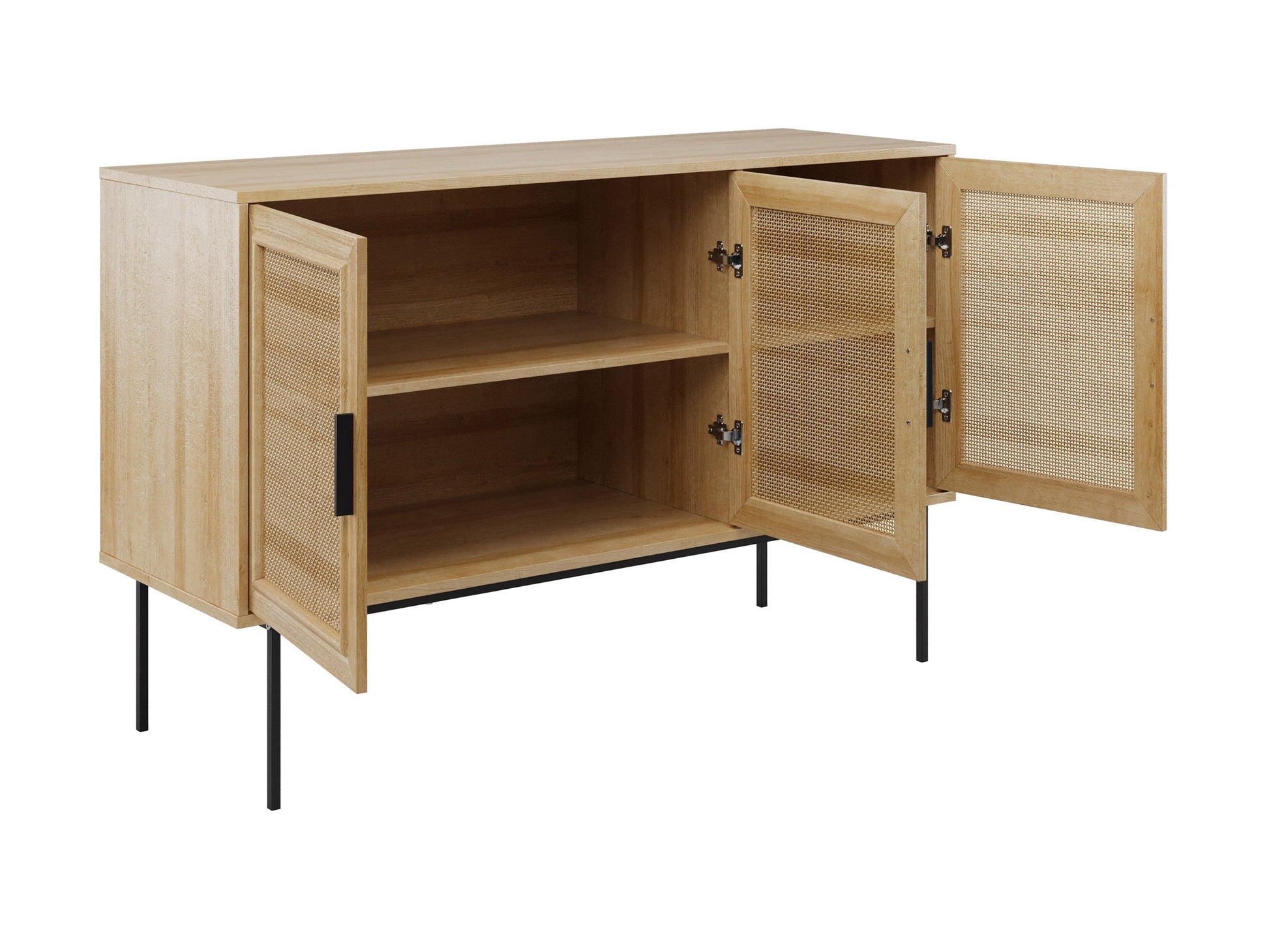 Light brown wood sideboard buffet with sleek design, featuring two cabinet doors and three drawers, metal handles, and a smooth finish. Ideal for modern dining rooms or living spaces.