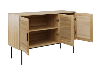 Light brown wood sideboard buffet with sleek design, featuring two cabinet doors and three drawers, metal handles, and a smooth finish. Ideal for modern dining rooms or living spaces.